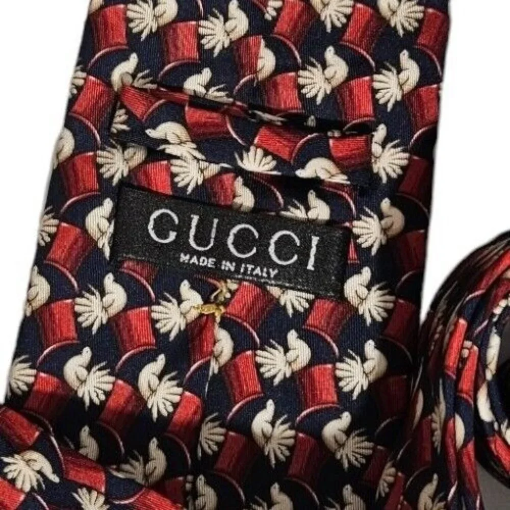 GUCCI Men's 100% Silk Necktie LUXURY Tie Blue Red Hat Pigeon W:3.7